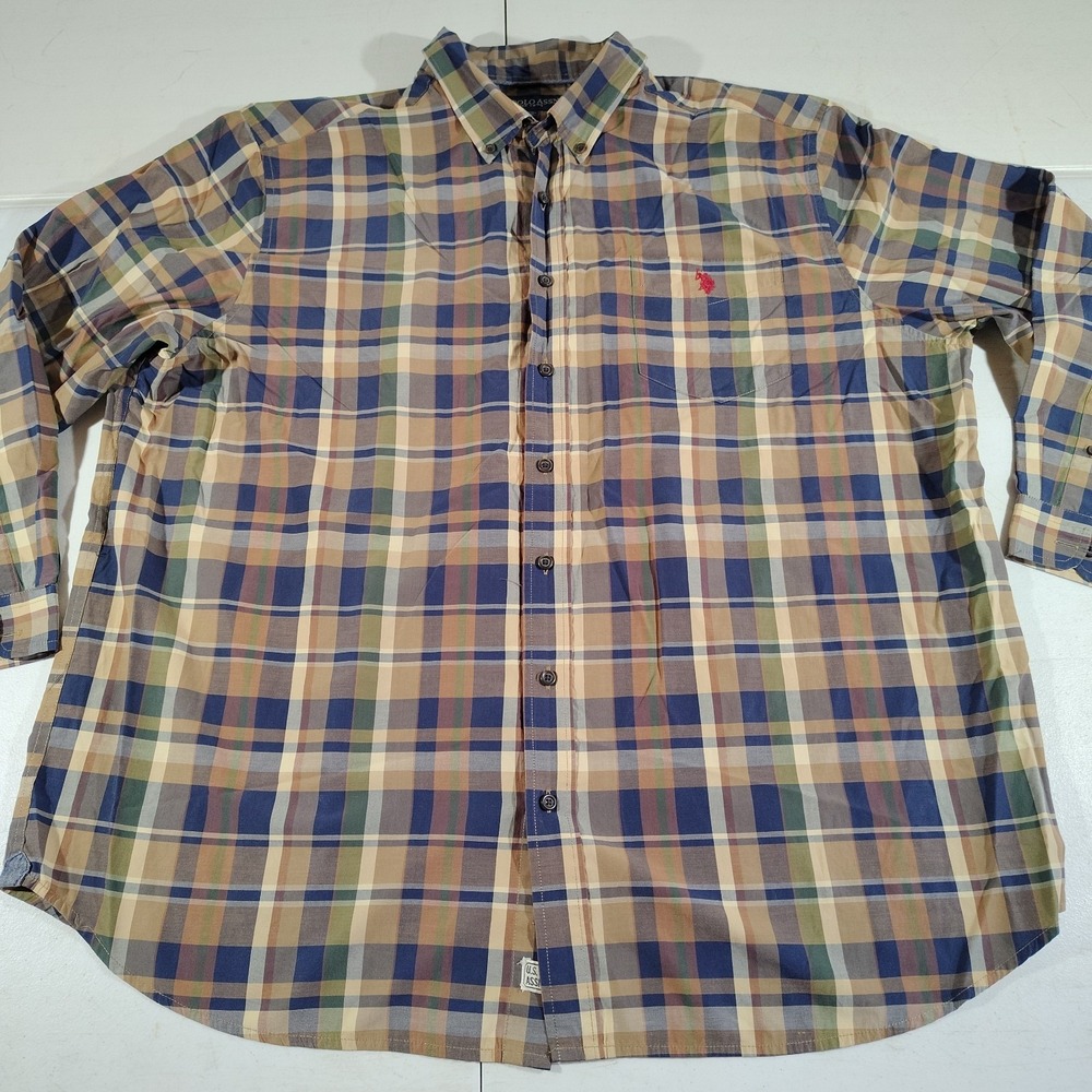 U.S. Polo Assn. Shirt Men 2XL Brown/Navy Plaid Dad Office Classic Button Down